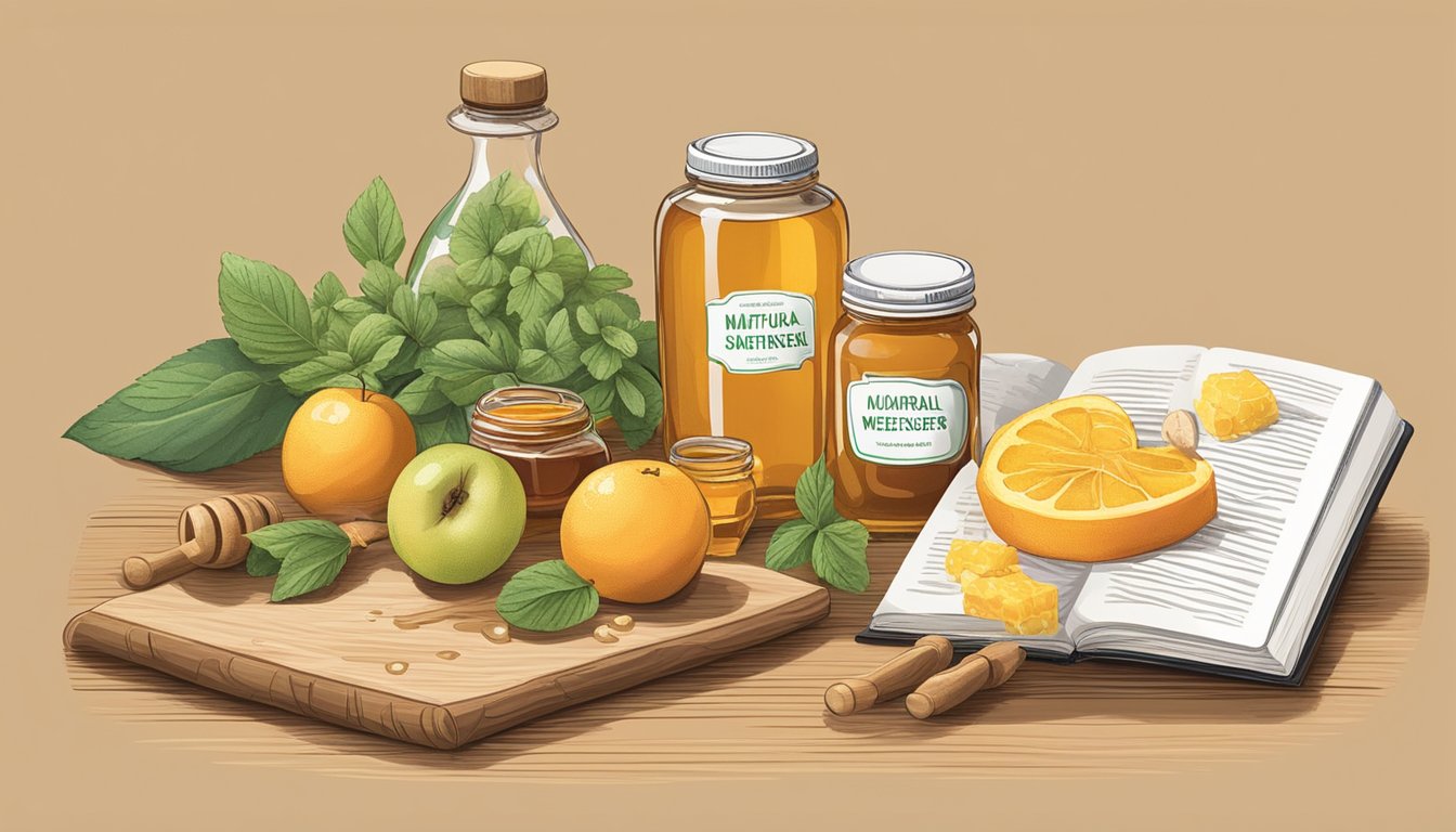 A table with various fruits and jars of honey, maple syrup, and stevia. A book titled "Understanding Natural Sweeteners" is open next to the fruit