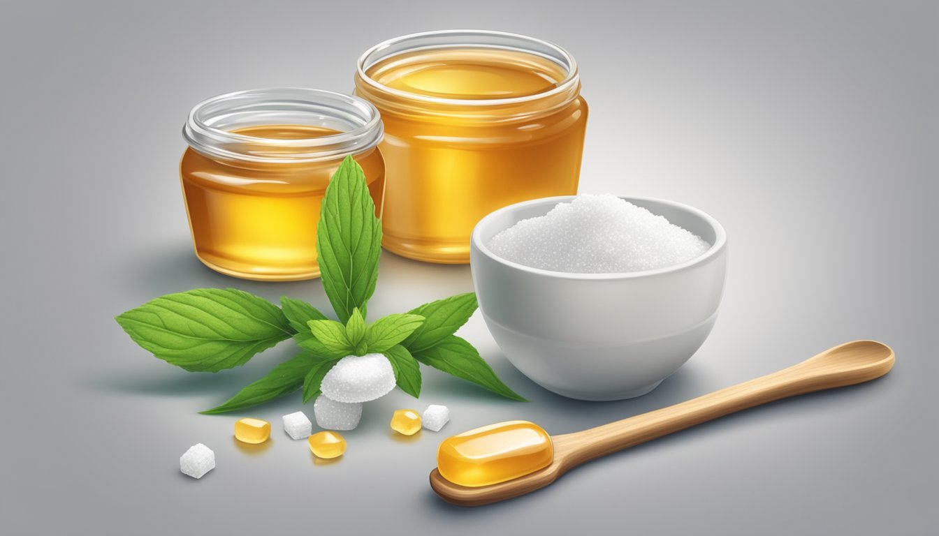 A group of natural sweeteners like honey, stevia, and xylitol are arranged next to a toothbrush and toothpaste, symbolizing their role in preventing tooth decay