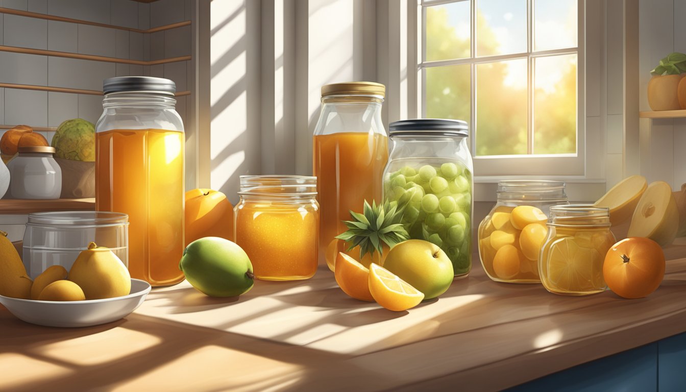 A kitchen counter with an array of fresh fruits, glass jars, and natural sweeteners like honey and maple syrup. Sunlight streaming in through a window