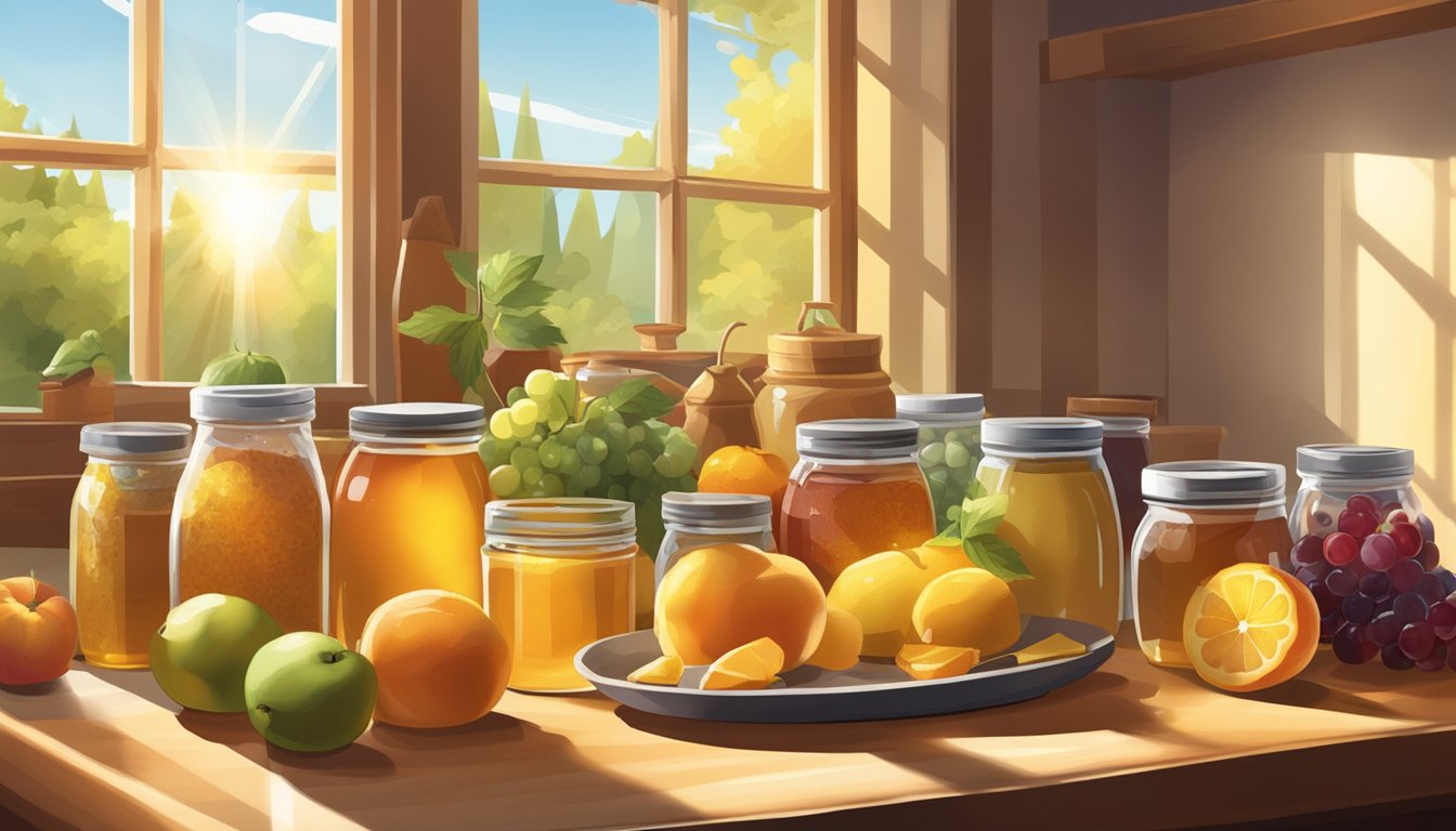 A table covered in a variety of fresh fruits, cutting board, knife, and jars of honey and maple syrup. Sunlight streams through a window onto the scene