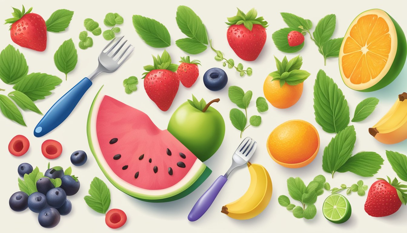 A colorful array of fruits and plants, including stevia and xylitol, displayed alongside dental tools and a healthy smile