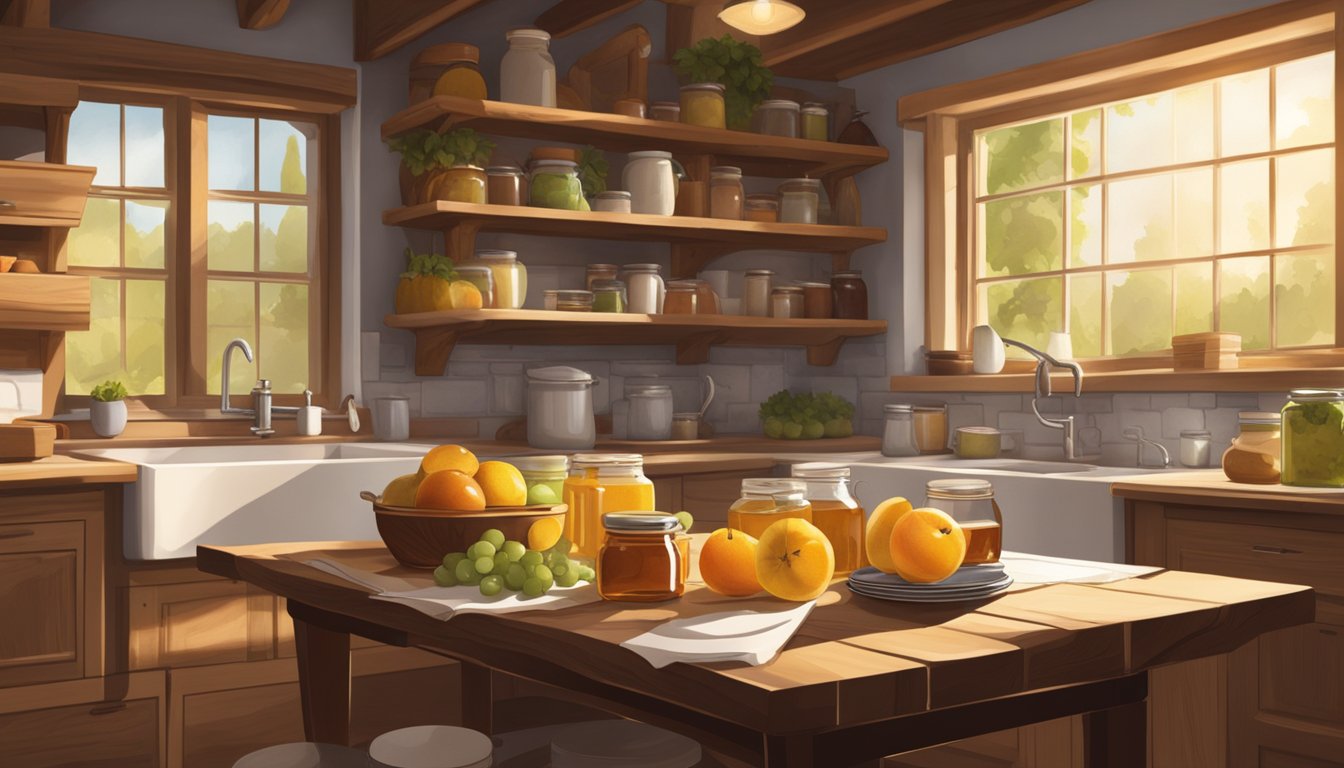 A rustic kitchen with an array of fresh fruits, jars of honey and maple syrup, and a cookbook open to a page on preserving fruit. A warm, inviting atmosphere with natural light streaming in through the window