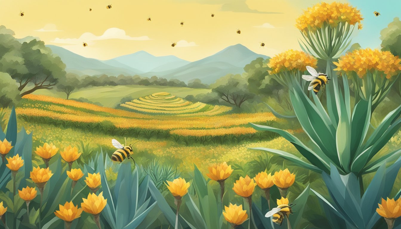 A bee pollinates flowers in a lush field, while agave plants are harvested and processed in a sustainable manner nearby