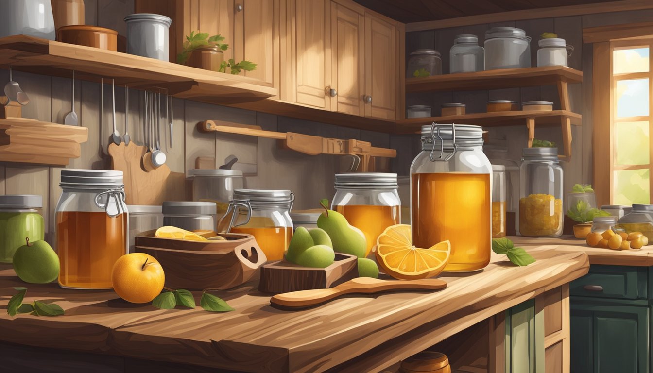 A rustic kitchen with fresh fruit, jars of honey and maple syrup, and a variety of preserving tools and equipment on a wooden countertop