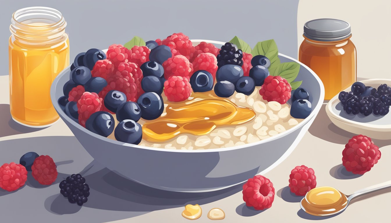 A bowl of mixed berries and honey drizzled over a bowl of oatmeal, with a jar of maple syrup and a bunch of ripe bananas nearby