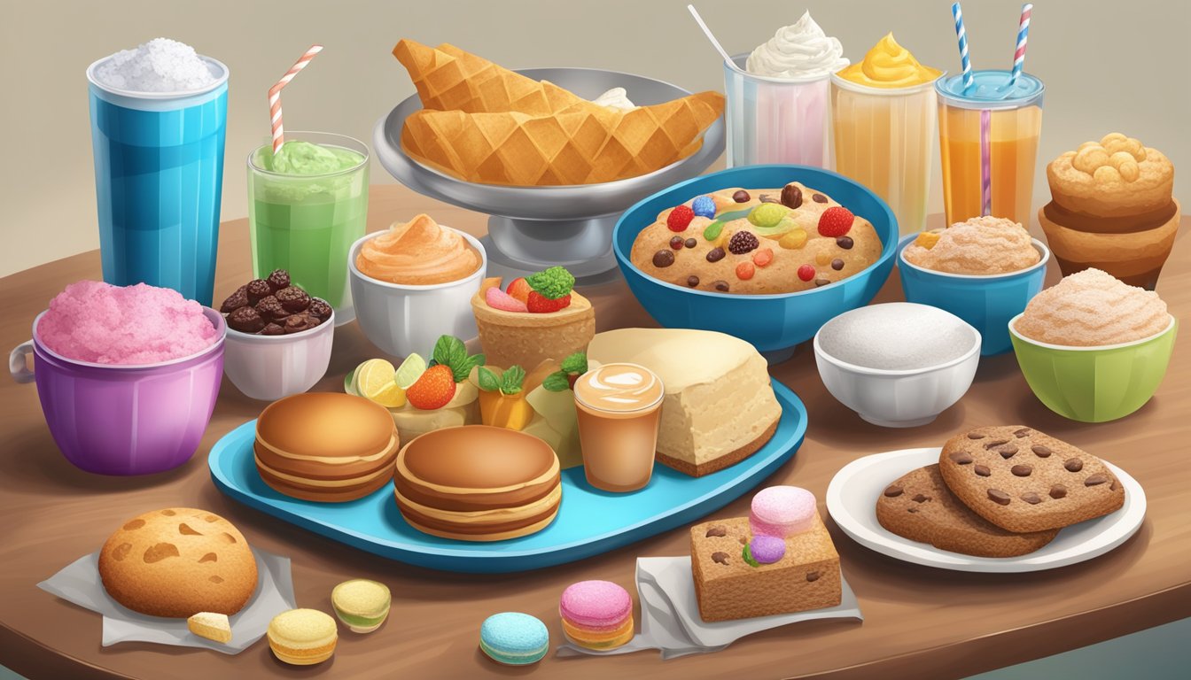 A colorful array of various foods and beverages containing allulose, such as baked goods, ice cream, and sugar-free drinks, displayed on a table