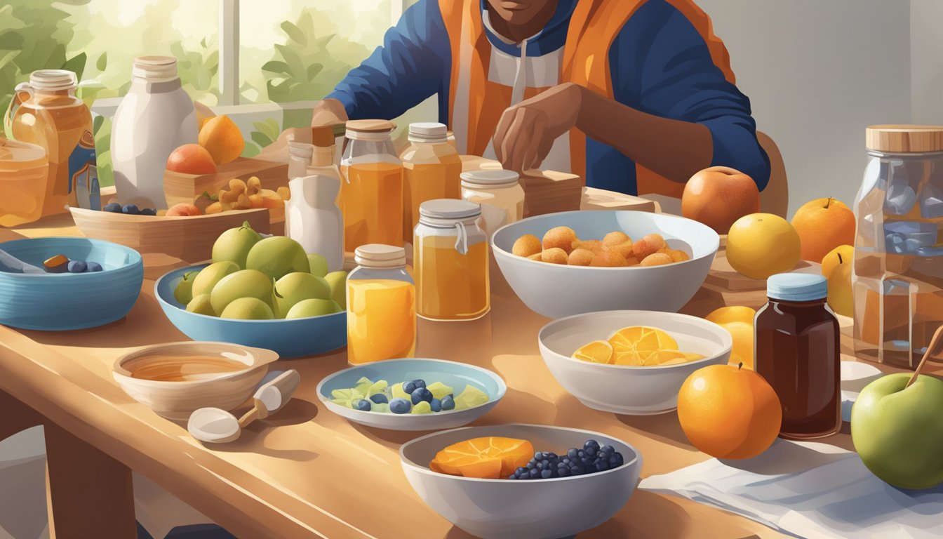 A group of young athletes gather around a table filled with various fruits and natural sweeteners, such as honey and maple syrup. Sports equipment and water bottles are scattered around the room