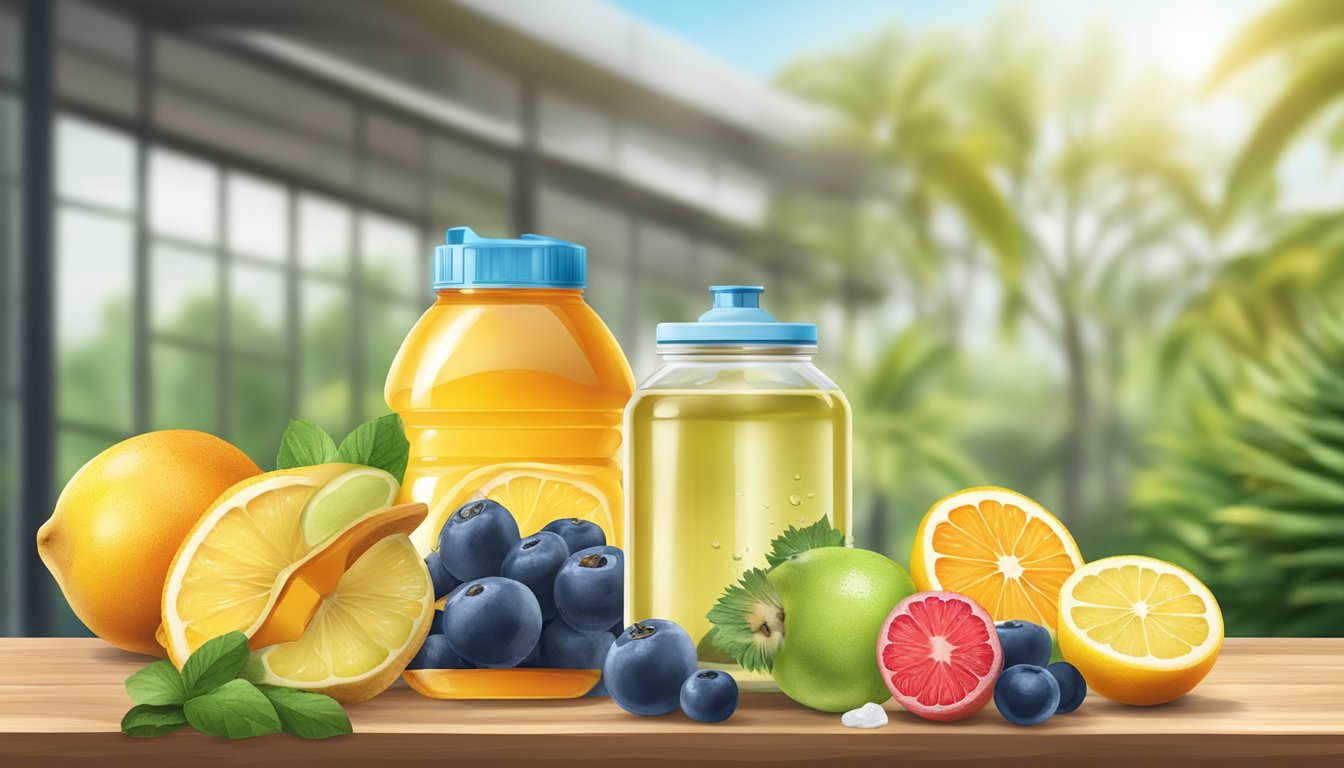 An athlete's water bottle surrounded by fresh fruits and natural sweeteners like honey and agave, with a backdrop of a gym or outdoor training area