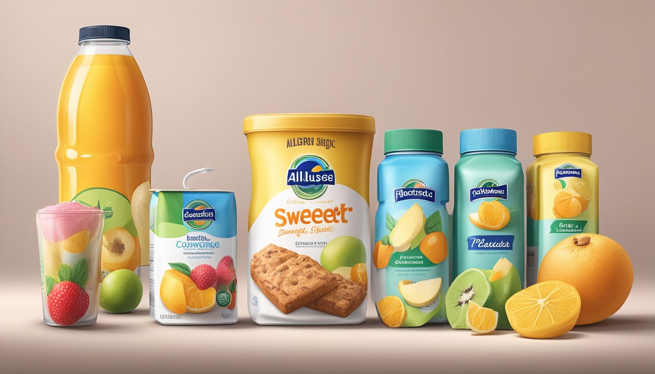 A variety of food items, such as fruits, baked goods, and beverages, are displayed alongside a prominent package of allulose sweetener