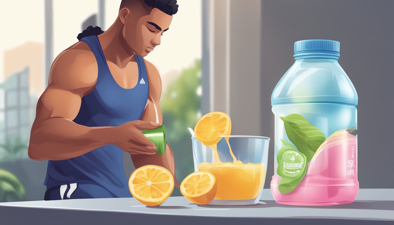 An athlete pouring natural sweeteners into a water bottle before a workout