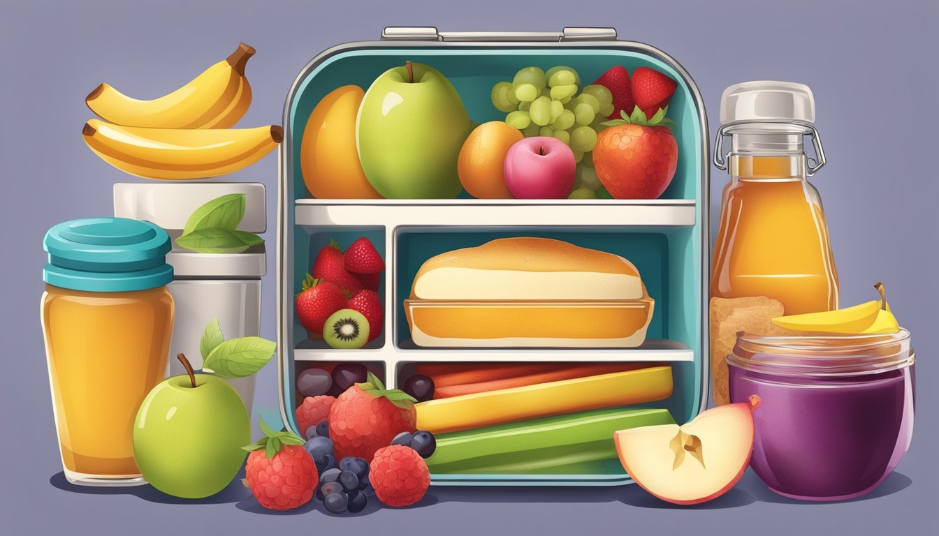 A child's lunchbox filled with fruits and natural sweeteners like honey and maple syrup, surrounded by colorful, healthy food options