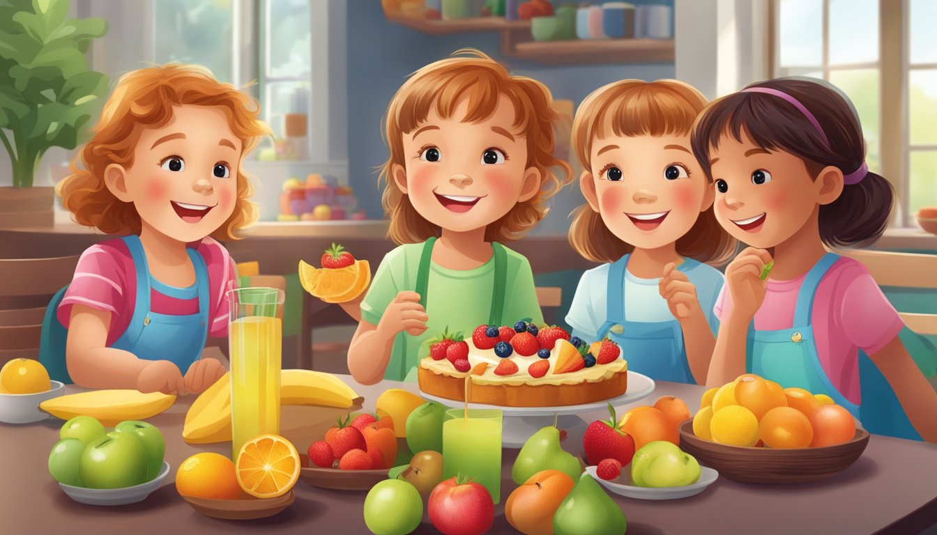 A group of happy, healthy children enjoying a variety of fruits and desserts sweetened with natural sweeteners, with a backdrop of regulatory guidelines and recommended intake information