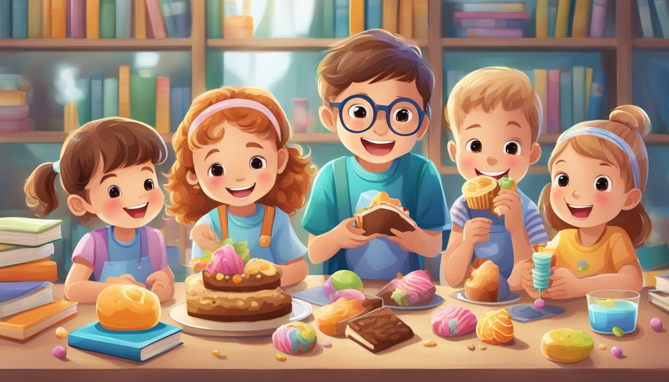 A group of children happily enjoying natural sweet treats, surrounded by books and scientific equipment