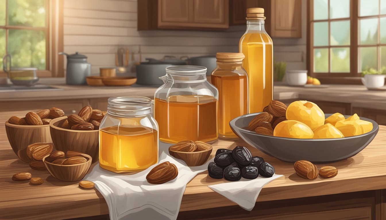 A rustic kitchen with an array of natural sweeteners - honey, maple syrup, and dates - displayed on a wooden countertop next to fresh fruits and a mixing bowl