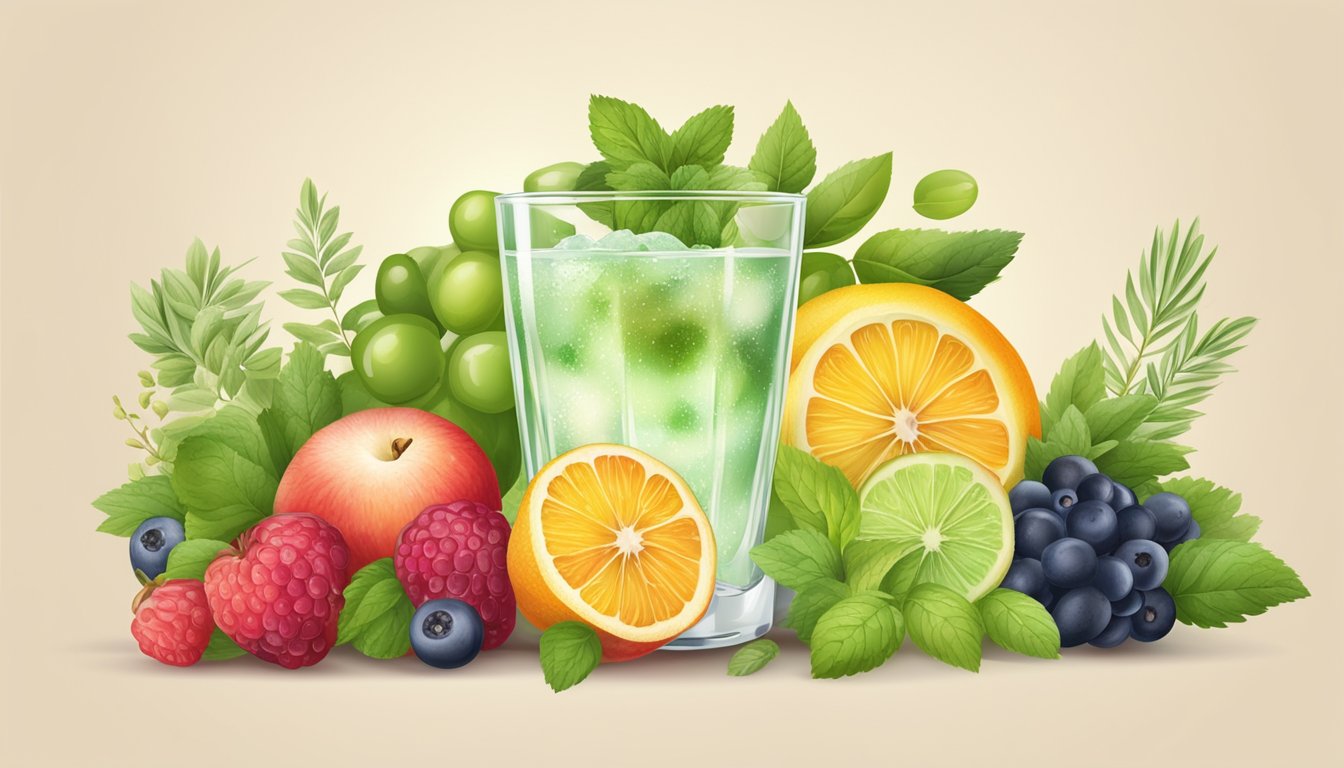 A glass of clear alcoholic beverage with natural sweeteners, surrounded by fresh fruits and herbs