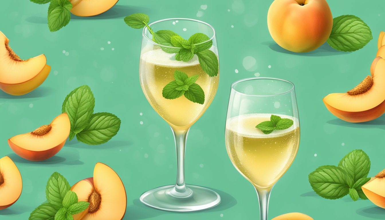 A glass of sparkling wine with a sprig of fresh mint and a slice of juicy peach floating on top