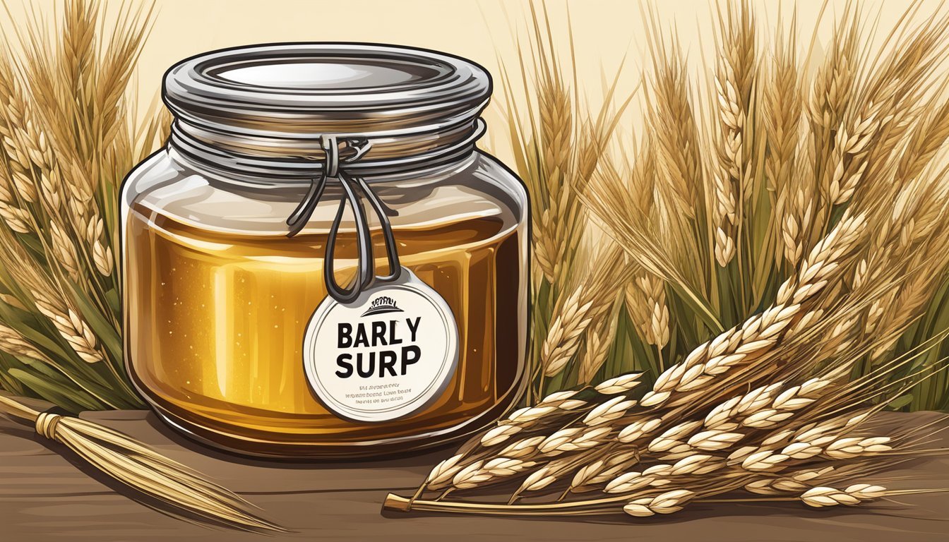 A jar of barley malt syrup surrounded by grains and barley stalks