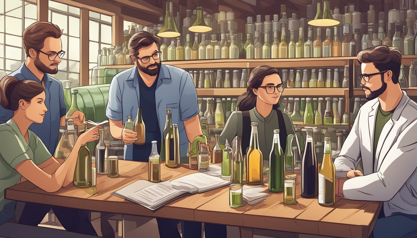 A group of researchers discussing natural sweeteners in a brewery, surrounded by bottles of alcoholic beverages and regulatory documents