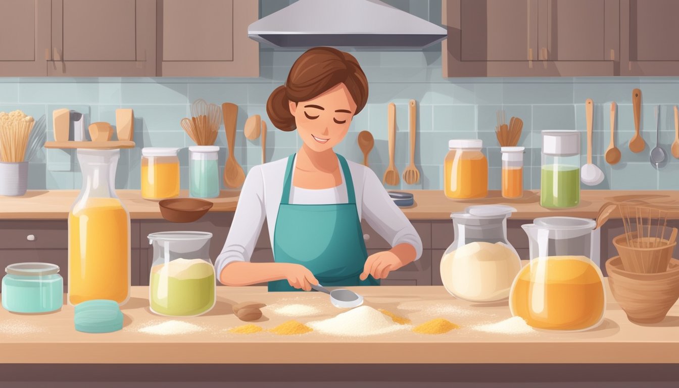 A person baking with natural sweeteners, carefully measuring and mixing ingredients, with various sweeteners and baking tools on the counter