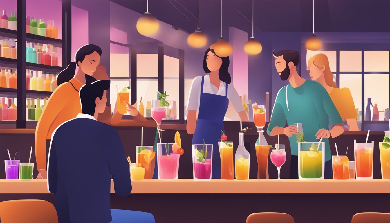 A group of people enjoying cocktails made with natural sweeteners at a trendy bar, with colorful drinks and stylish glassware on a sleek, modern bar counter