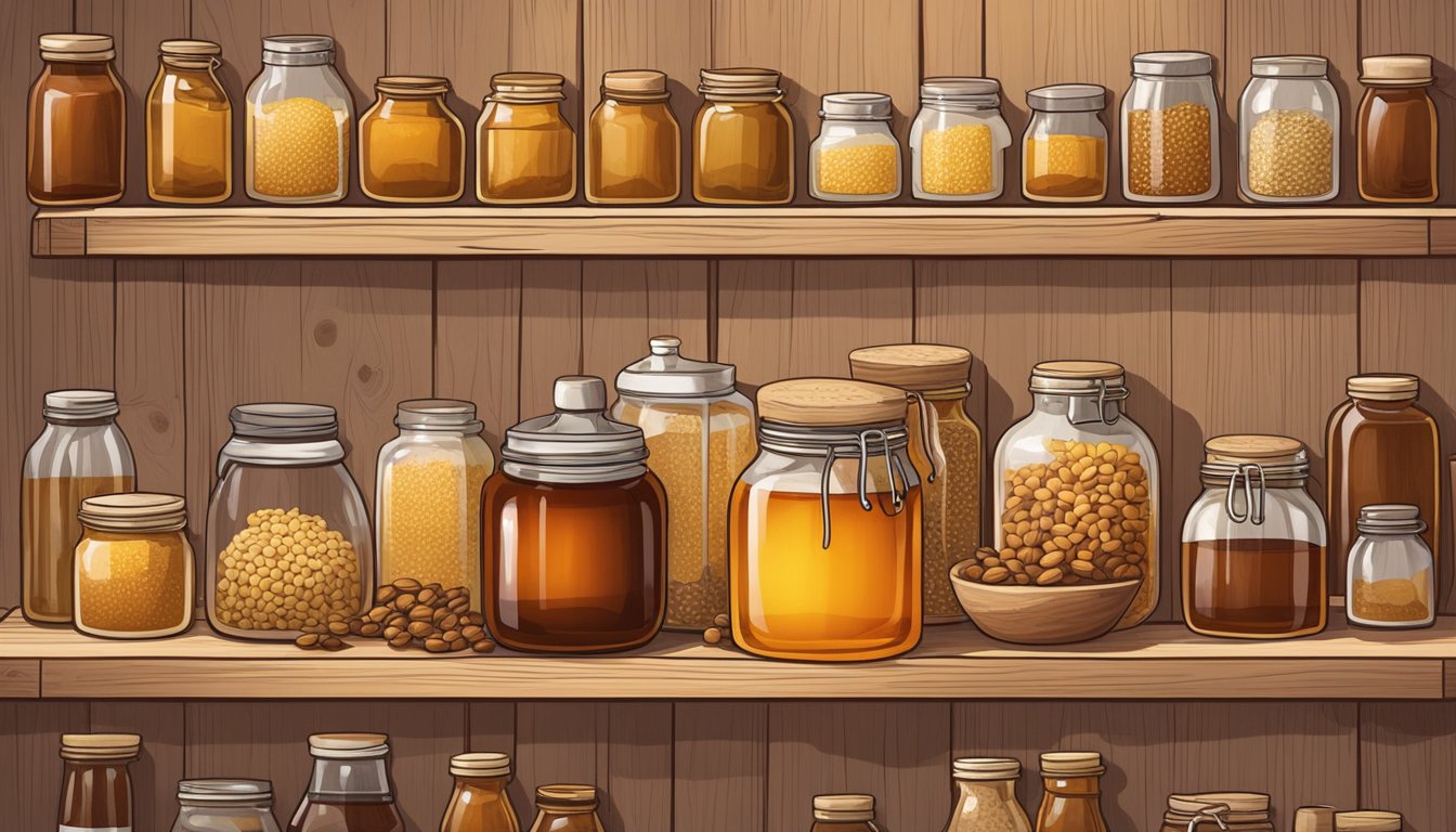 A glass jar of barley malt syrup sits on a wooden shelf, surrounded by other preserved foods. The warm amber color of the syrup catches the light