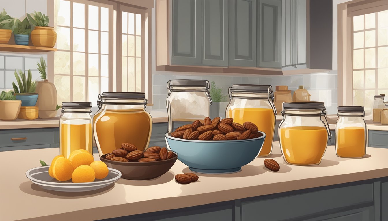 A cozy kitchen filled with jars of honey, maple syrup, and dates. A mixing bowl sits on the counter, surrounded by fresh fruits and a bag of almond flour