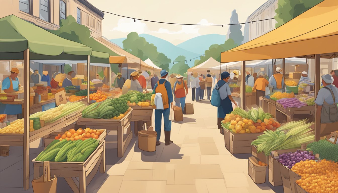 A bustling farmers' market with vendors selling jars of barley malt syrup amid colorful displays of fresh produce and handmade crafts