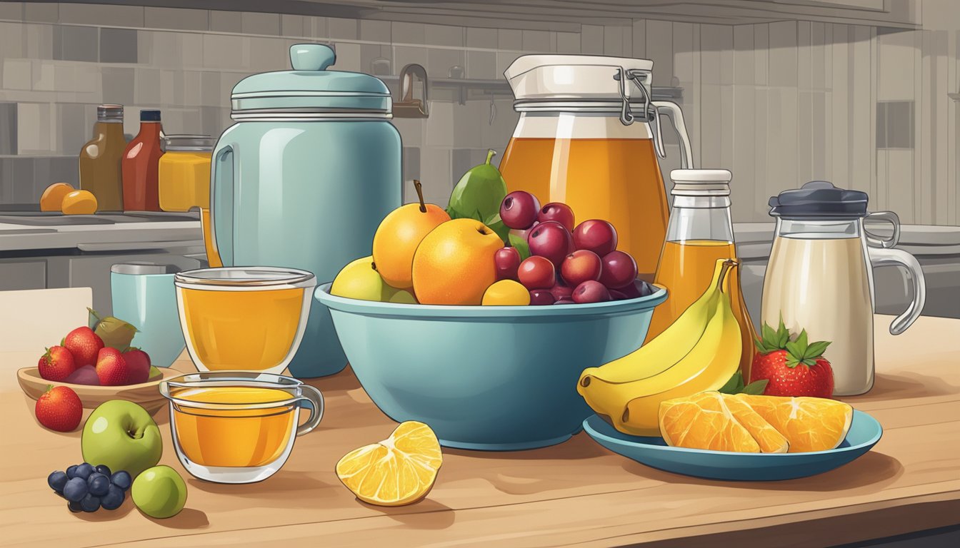 A colorful array of fruits, honey, and maple syrup sit on a kitchen counter next to a mixing bowl and measuring cups