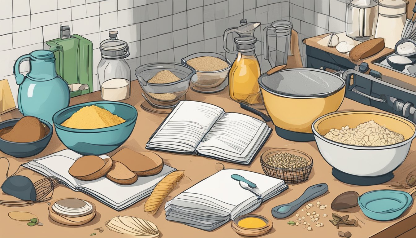 A cluttered kitchen counter with an array of baking ingredients, utensils, and cookbooks scattered around. A mixing bowl and whisk sit ready for use