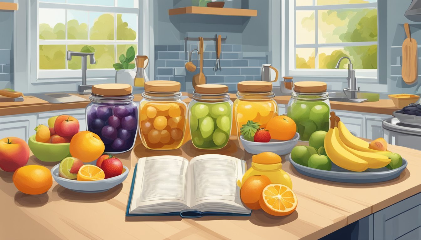 A colorful array of fruits and honey jars arranged on a kitchen counter, with a child-friendly cookbook open to a recipe for natural sweeteners