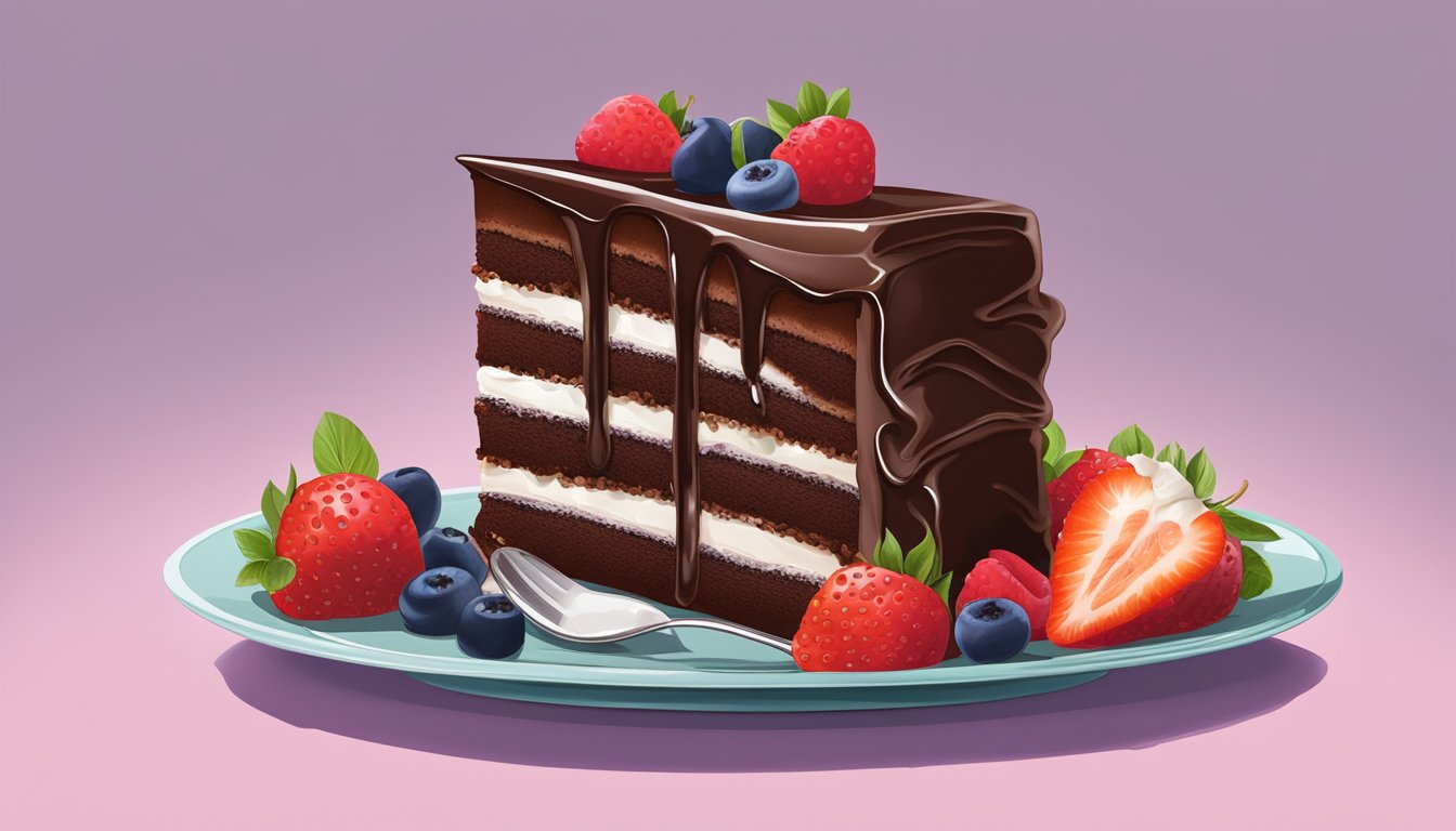 A slice of chocolate cake oozes with a glossy layer of ganache, surrounded by fresh berries and a dollop of whipped cream