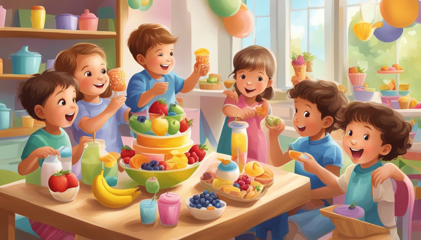 A group of children happily enjoying a variety of sweet treats, such as fruit and yogurt, with natural sweeteners, while playing in a colorful and playful setting