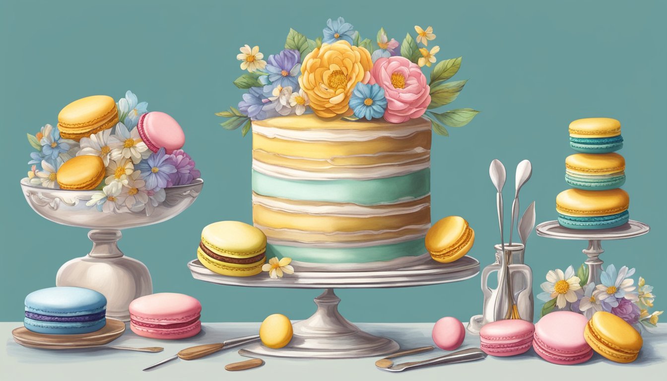 A whimsical cake adorned with edible flowers and colorful macarons, surrounded by vintage cake stands and decorative baking tools