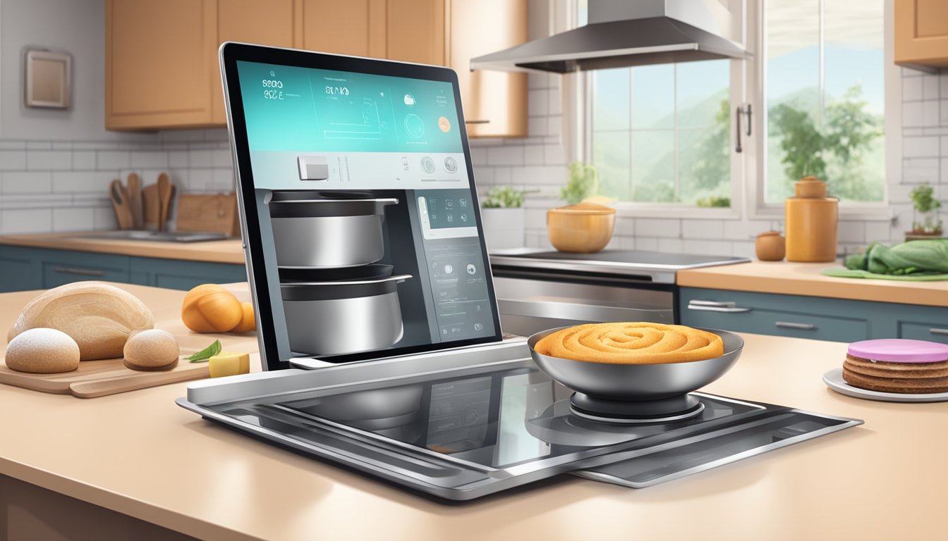 A modern kitchen with a sleek digital oven, a tablet displaying a recipe, and various high-tech baking tools and ingredients scattered across the counter