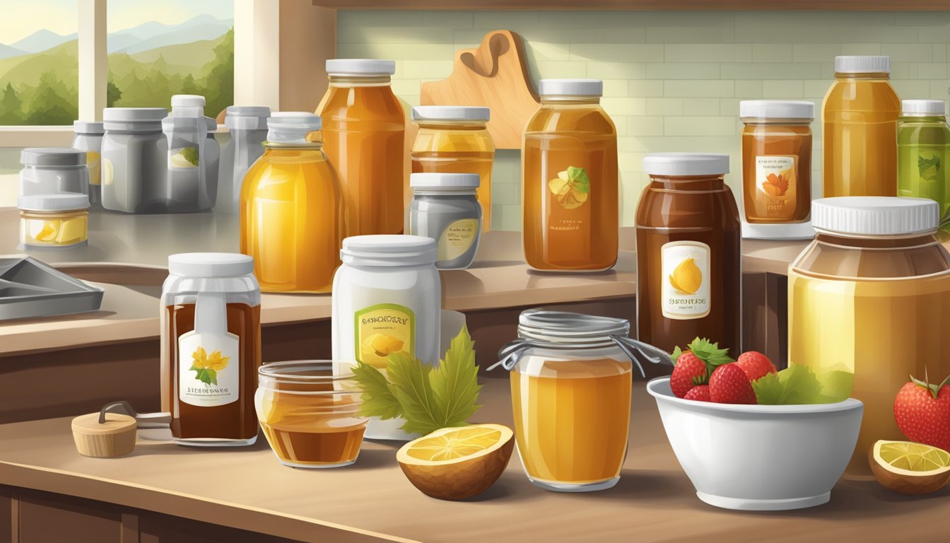 A variety of natural sweeteners such as honey, maple syrup, and fruit purees arranged on a kitchen counter