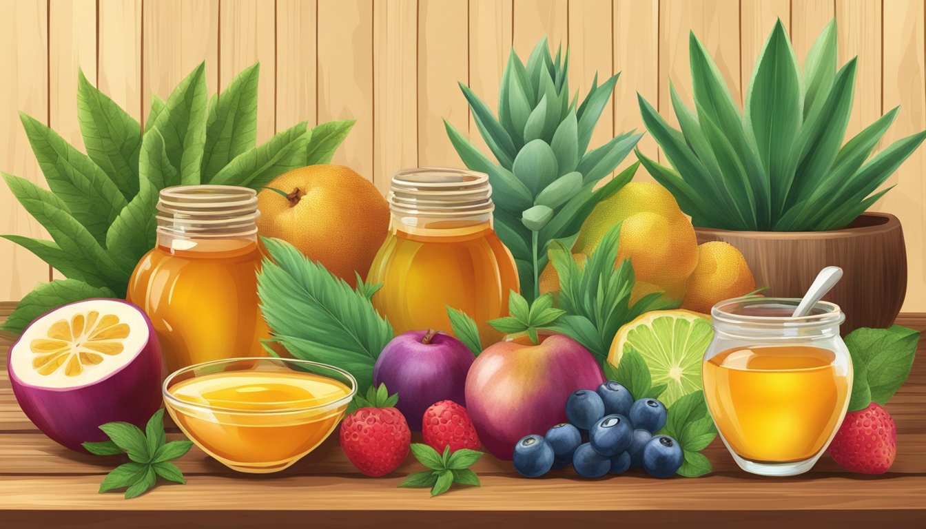 A colorful array of fruits and plants, including honey, stevia, and agave, arranged on a wooden table