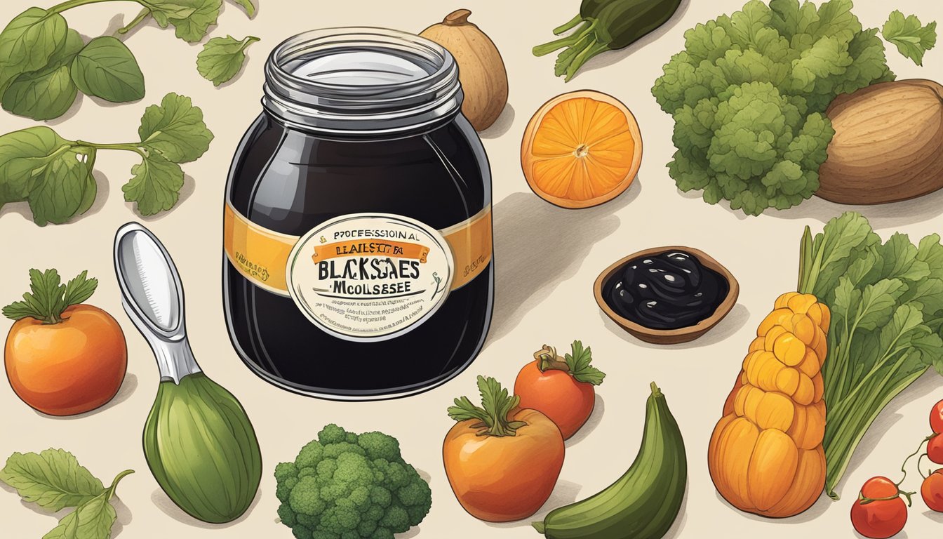 A jar of blackstrap molasses surrounded by a variety of fruits and vegetables, with a measuring spoon filled with the thick, dark liquid