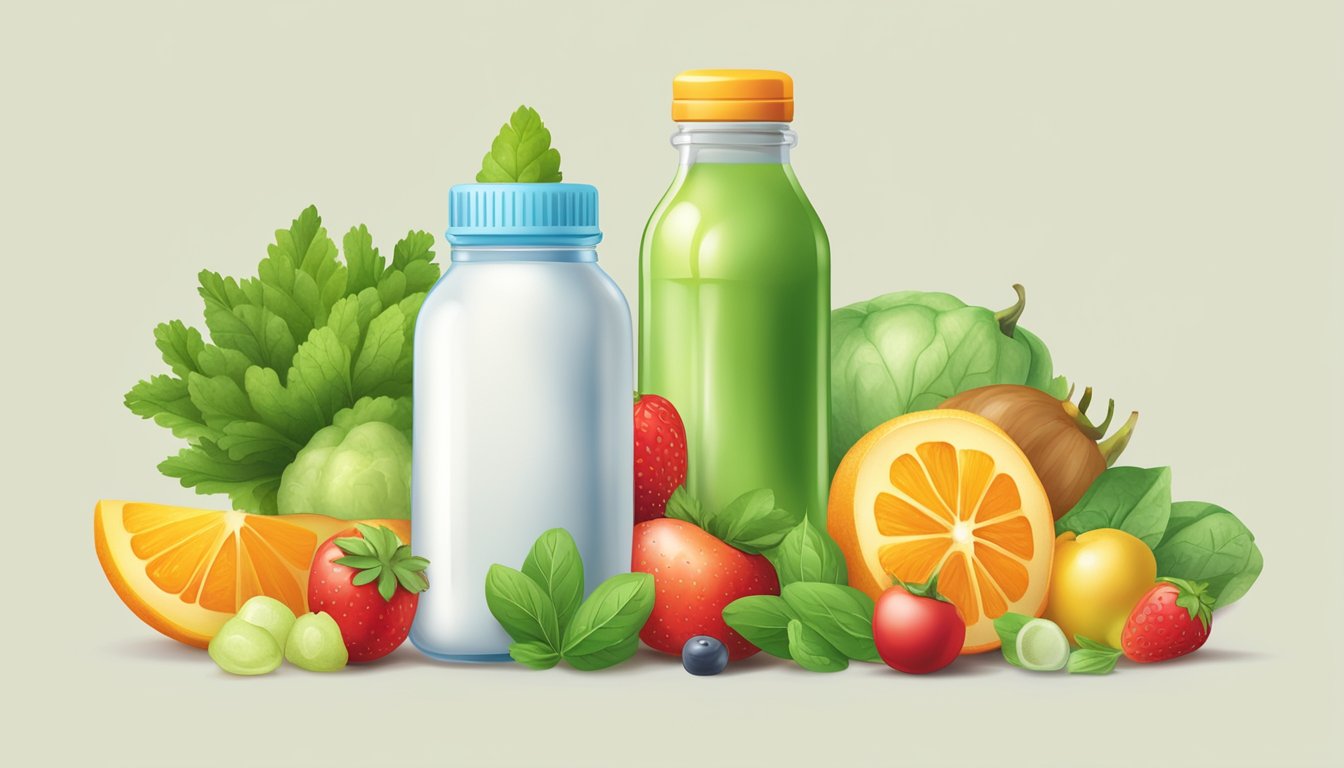 A baby bottle surrounded by fruits and vegetables, with a sugar cube and a stevia leaf next to it