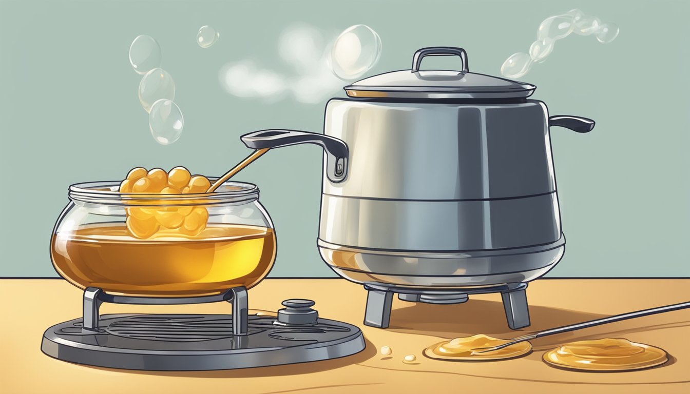 A pot of honey and a pot of artificial sweetener being heated on a stove, with the honey starting to caramelize and bubble while the artificial sweetener remains unchanged