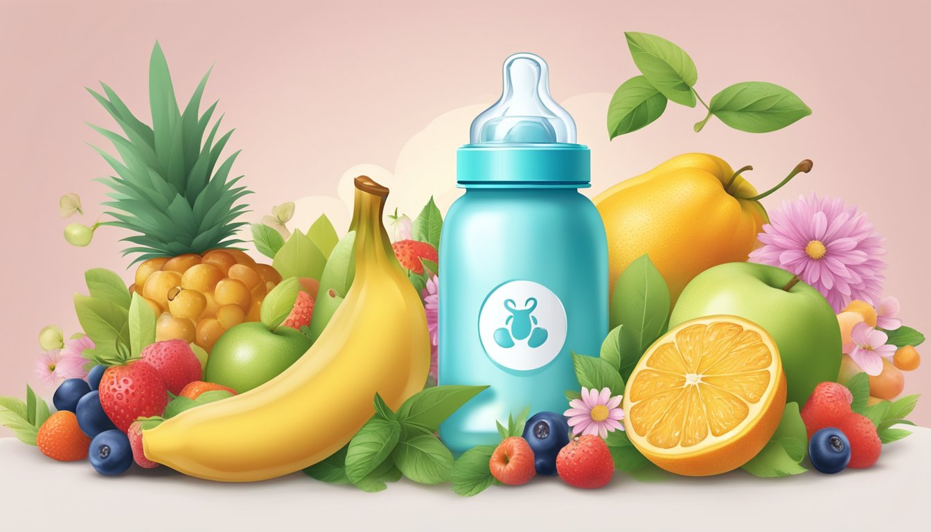 A baby bottle surrounded by fresh fruits and flowers, with a safety symbol in the background