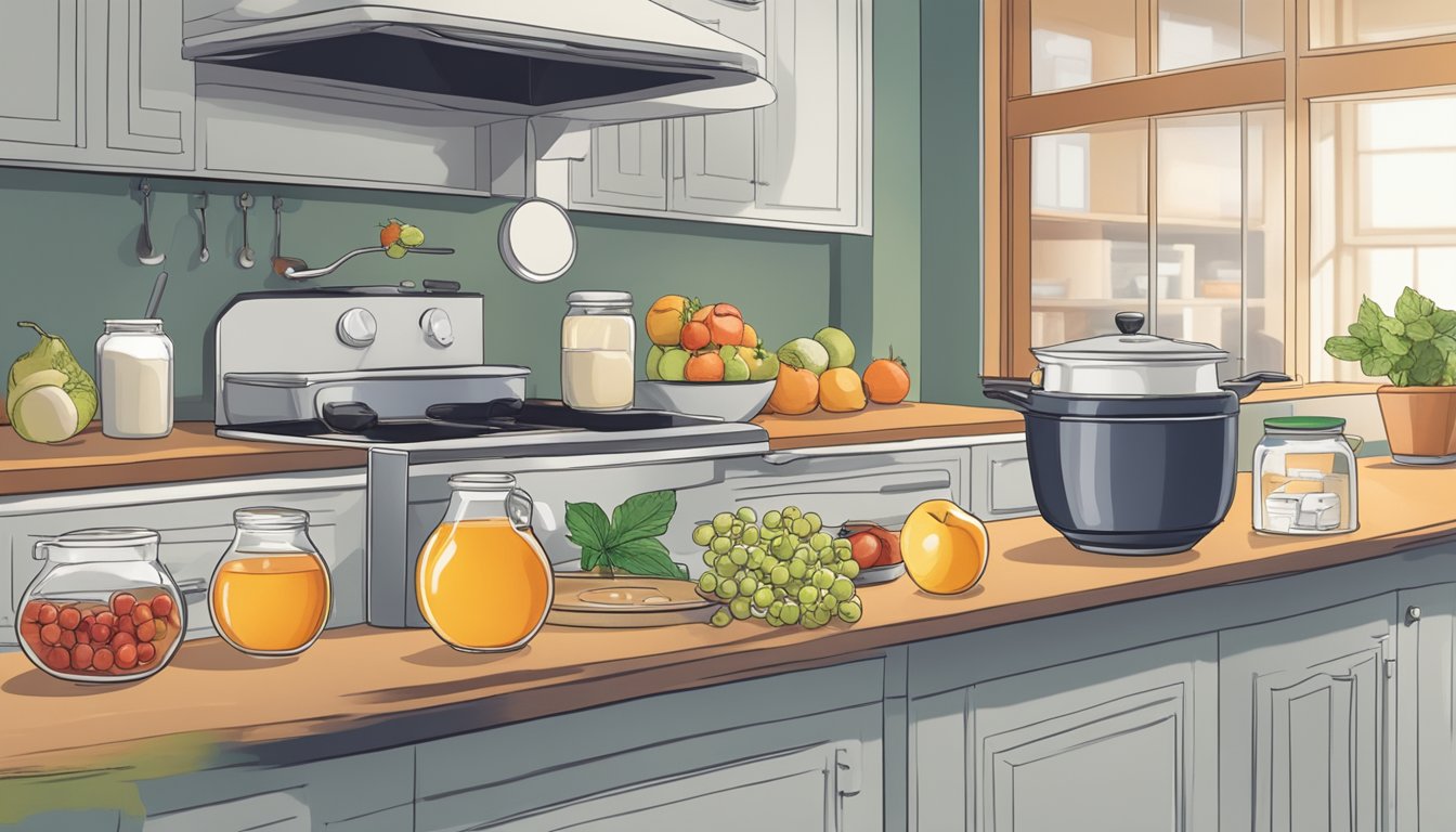 A kitchen counter with various fruits and sweeteners, a pot on a stove with caramelizing sugar, and a chart showing the impacts of sweetener consumption on society