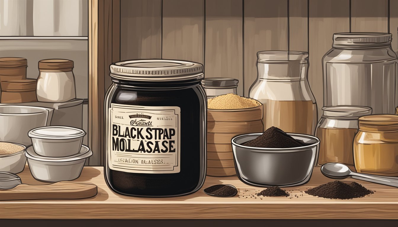 A jar of blackstrap molasses being placed on a shelf next to other baking ingredients