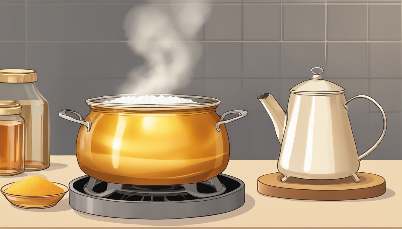 A pot of sugar heating on a stove, turning golden brown. Nearby, a selection of natural sweeteners like honey and maple syrup