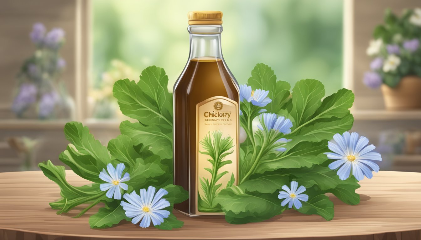 A glass bottle of chicory root syrup surrounded by fresh chicory leaves and flowers on a wooden table