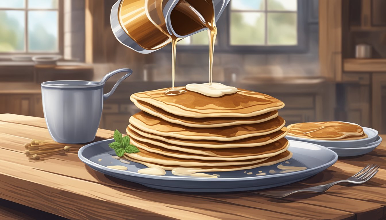 A chef drizzling chicory root syrup over a stack of fluffy pancakes on a rustic wooden table