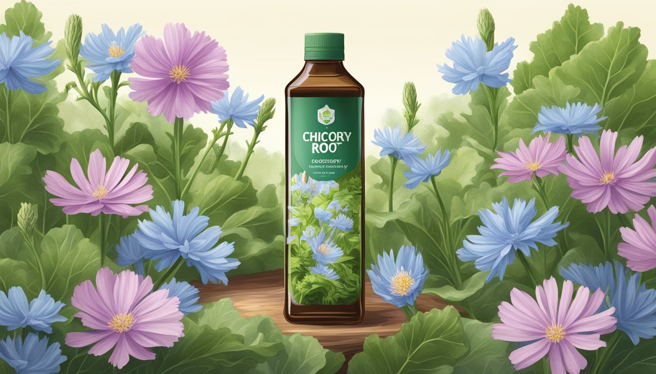 A bottle of chicory root syrup surrounded by blooming chicory plants