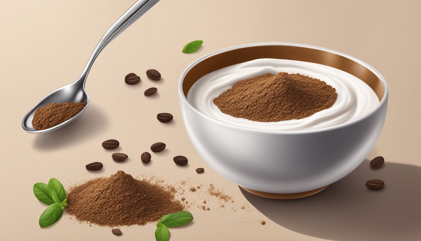 A spoon sprinkling carob powder onto a bowl of yogurt