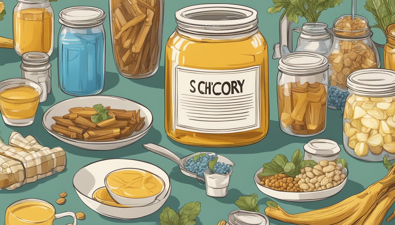 A jar of chicory root syrup surrounded by various food and drink items, with a group of people engaged in conversation