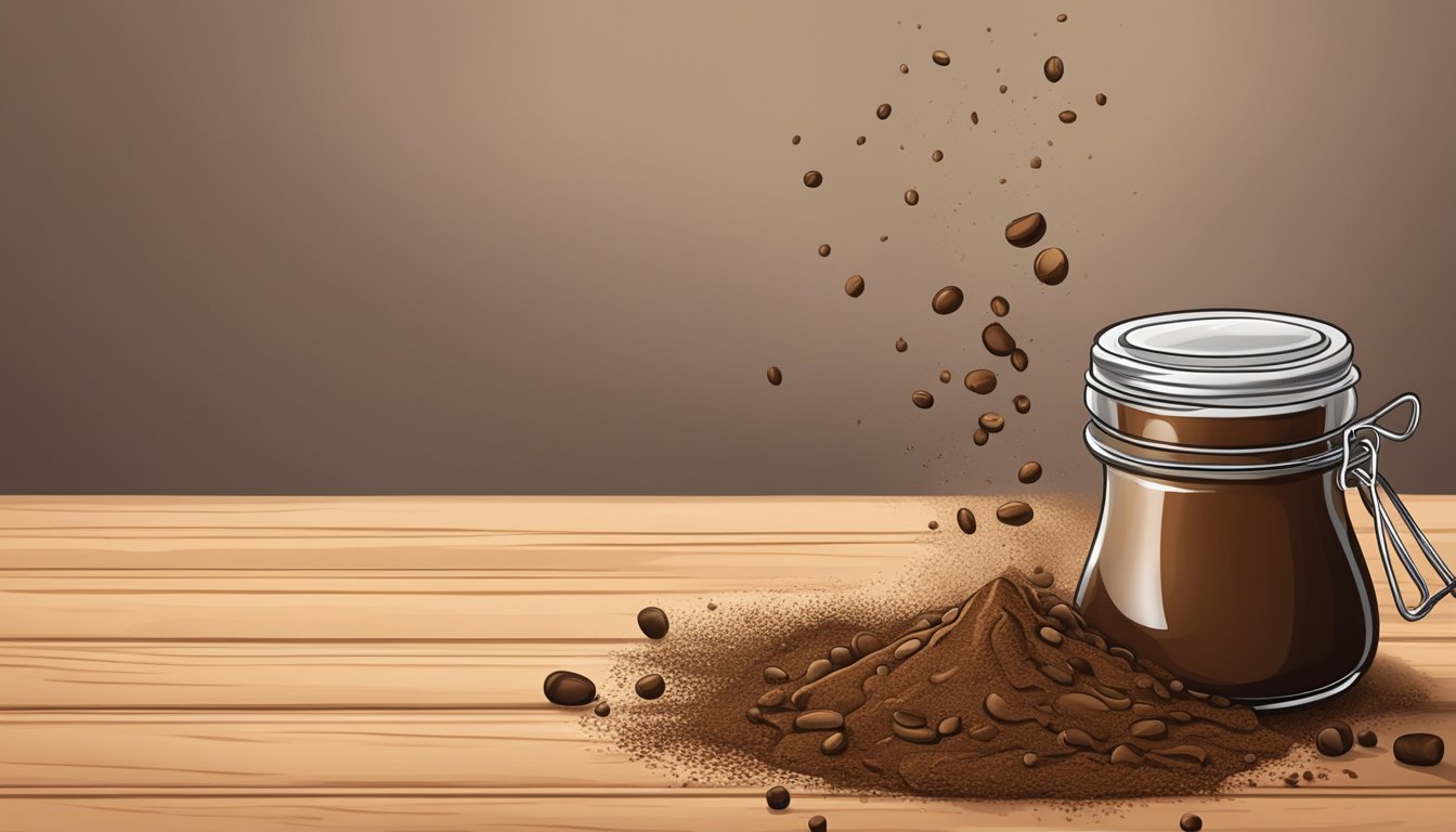 A jar of carob powder spills onto a wooden table, creating a messy, brown swirl