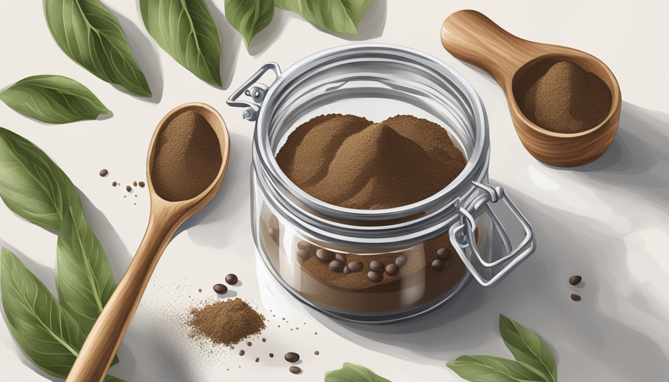 A wooden spoon scoops carob powder from a glass jar onto a white marble countertop